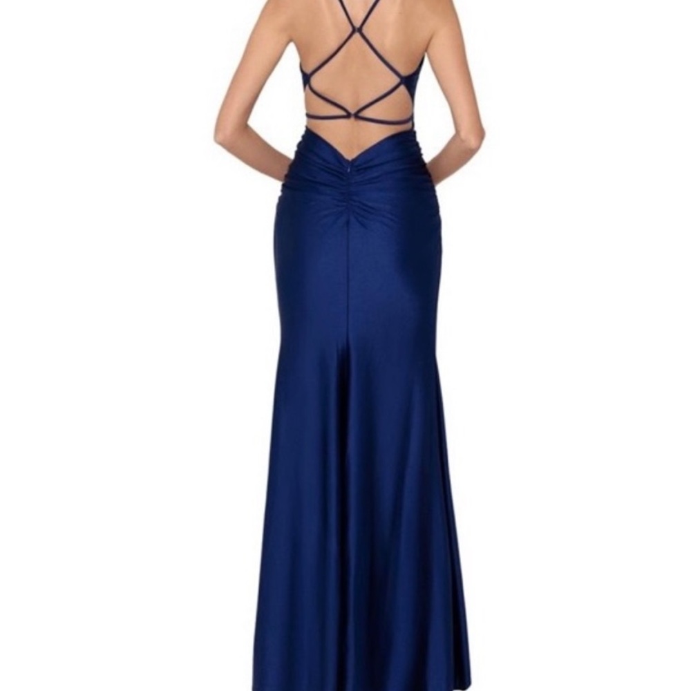 Navy Blue Ruched Lace Up Gown